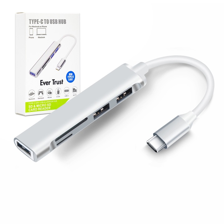 Адаптер HUB, докинг станция тип C 5 в 1, 3 x USB порта, четец на SD/TF карти, алуминиева сплав, сребрист