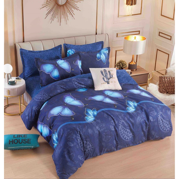 Lenjerie de pat dublu, 2 persoane, Finet, 6 Piese, Cearceaf de pat CU ELASTIC 180 x 200 cm, Cearceaf pilota 200 x 230 cm, 2 fete de perna 70 x 70 cm, 2 fete de perna 50 x 70cm, Multicolori, MHR-734