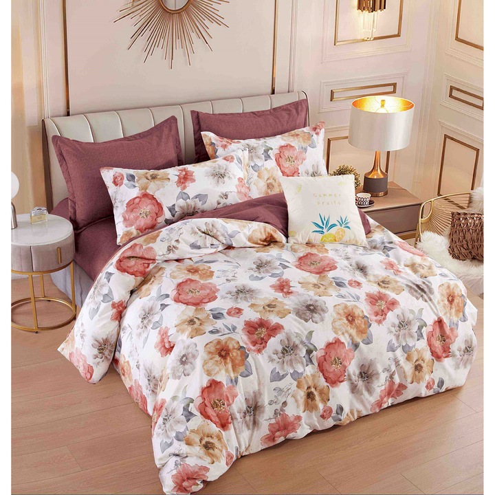 Lenjerie de pat dublu, 2 persoane, Finet, 6 Piese, Cearceaf de pat CU ELASTIC 180 x 200 cm, Cearceaf pilota 200 x 230 cm, 2 fete de perna 70 x 70 cm, 2 fete de perna 50 x 70cm, Multicolori, MHR-747