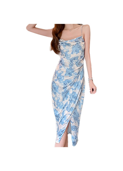 Midi ruha, Jormftte, virágmintás, aszimmetrikus, kék, poliészter, S INTL