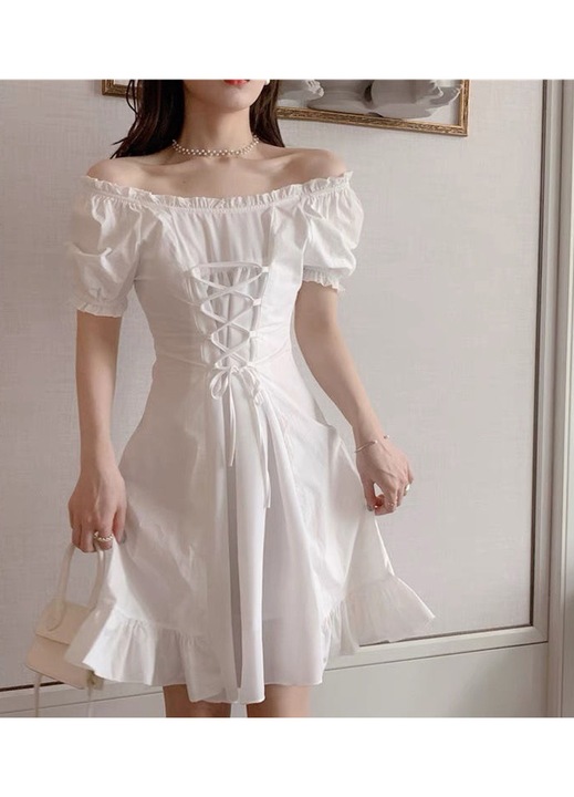 Női rövid ruha, Jormftte, puffos ujjak, négyzet alakú dekoltázs, fehér, puha anyag