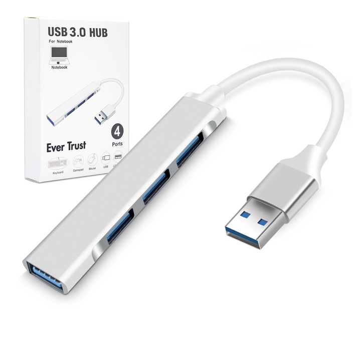 HUB адаптер, 4 в 1 USB докинг станция, 4 x USB порта, алуминиева сплав, сребро