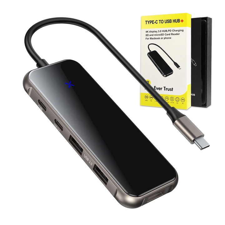 Адаптер HUB, 8in1 Type-C докинг станция, PD 100W порт за зареждане, 1 x Type-C 2.0, 3 x USB 3.0, SD/TF четец на карти, HDMI 4K@30Hz, стъклен панел, цинкова сплав, тъмно сив