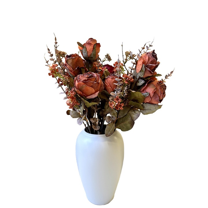 Set 3 buchete artificiale de trandafiri si eucalipt, 59cm, plastic, multicolor