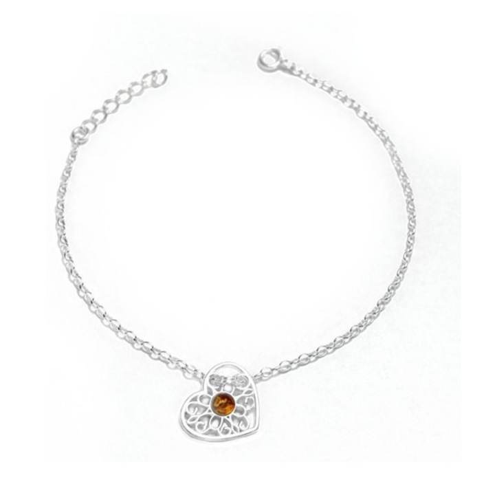 Bratara argint cu chihlimbar maro cognac, model inima, lungime 18-21 cm, 1.9 g