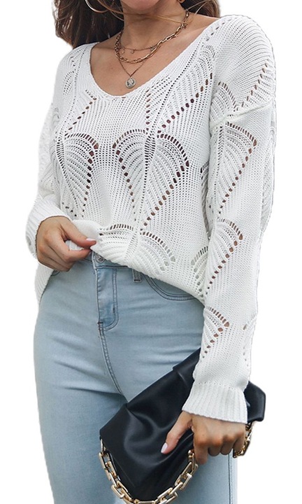 Jormftte kötött pulóver, fehér, hosszú ujjú, V-nyakú