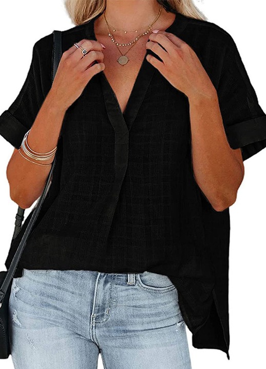 Női ing, Jormftte, V-nyakú, rövid ujjú, fekete, poliészter