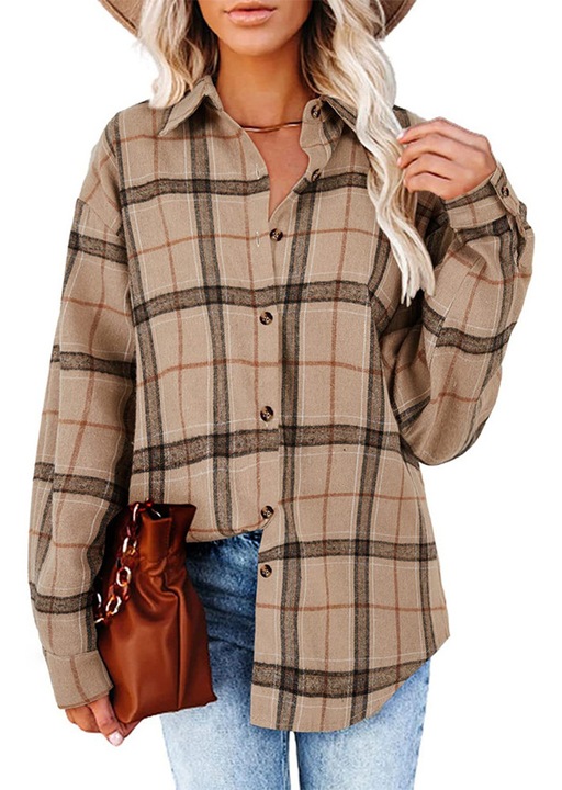 Női ing, Jormftte, hosszú ujjú, hosszú gallér, kockás, khaki