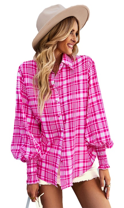 Jormftte klasszikus kockás ing, V-nyakú, hosszú ujjú, rózsaszín