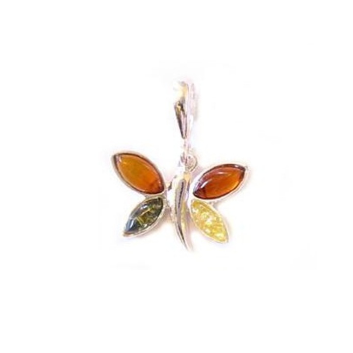 Pandantiv din argint cu chihlimbar multicolor, model fluture, lungime 2.1 cm, 1.8 g