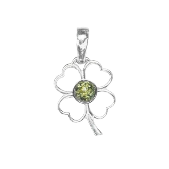 Pandantiv din argint cu chihlimbar verde, model trifoi, lungime 2.2 cm, 1 g