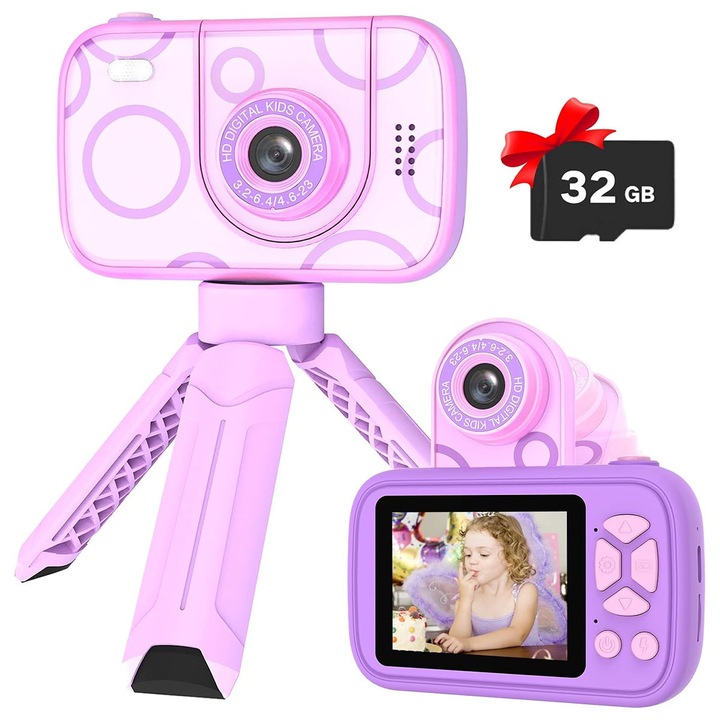 Gyerekkamera, XUNNING, 32 GB-os SD kártya, Flip az objektív, 48 millió pixel, 2,4 hüvelykes IPS képernyő, Állvány, 8x zoom, 3 év+, Lila