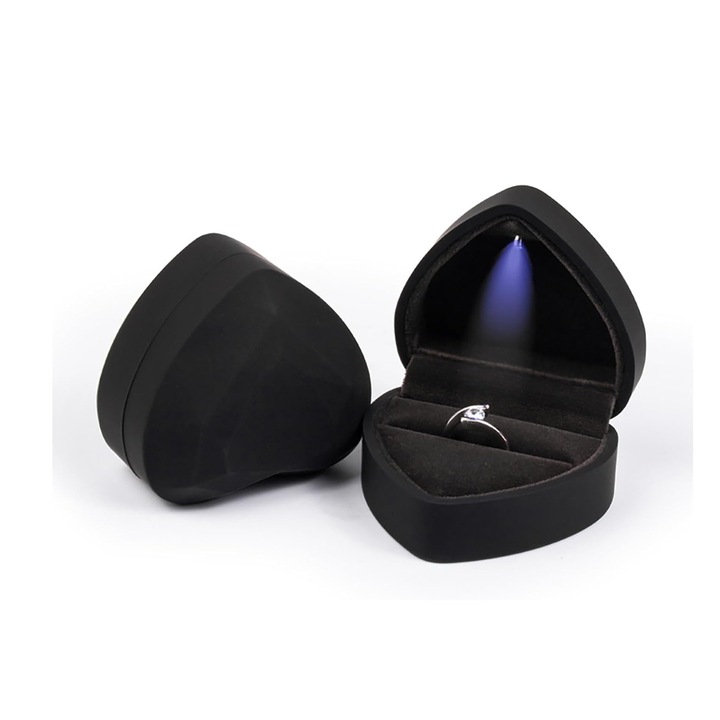 Szív alakú ékszerdoboz, Xunning, bársony anyag, LED-del, Gyűrűhöz, fülbevalóhoz, nyaklánchoz, fekete