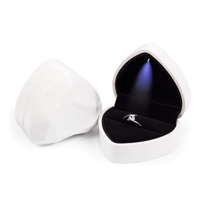 Szív alakú ékszerdoboz, XUNNING, bársony anyag, LED-del, Gyűrűhöz, fülbevalóhoz, nyaklánchoz, fehér