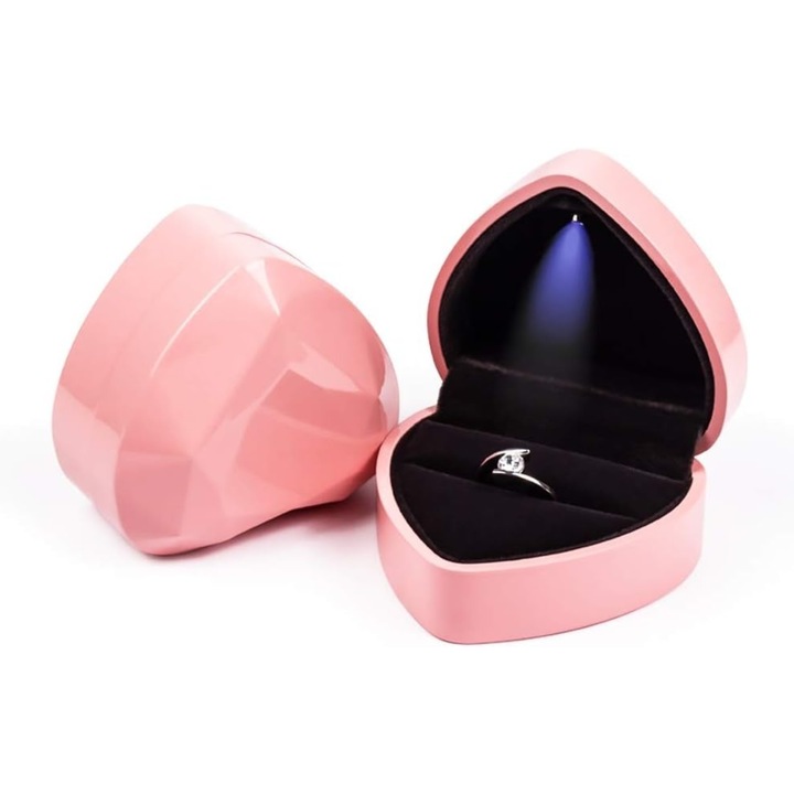 Szív alakú ékszerdoboz, Xunning, bársony anyag, LED-del, Gyűrűhöz, fülbevalóhoz, nyaklánchoz, rózsaszín