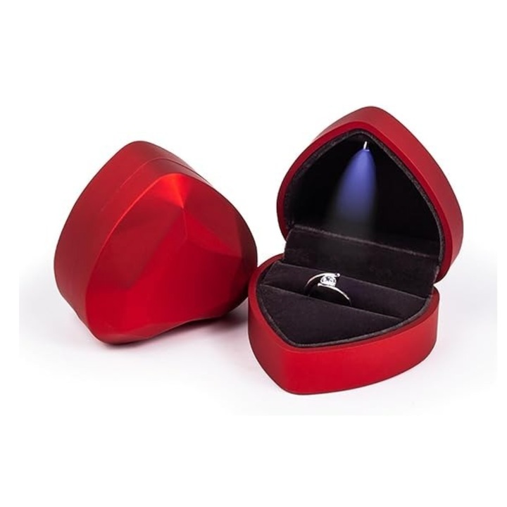 XUNNING® szív alakú ékszerdoboz, bársony anyag, LED-del, Gyűrűhöz, fülbevalóhoz, nyaklánchoz, Piros