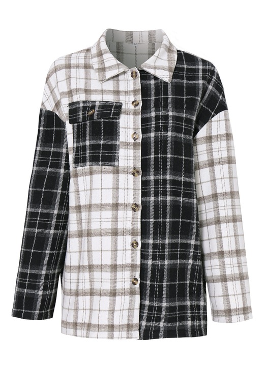 Női ing, Jormftte, kockás, oversize, fekete, flanel, Fehér/Fekete