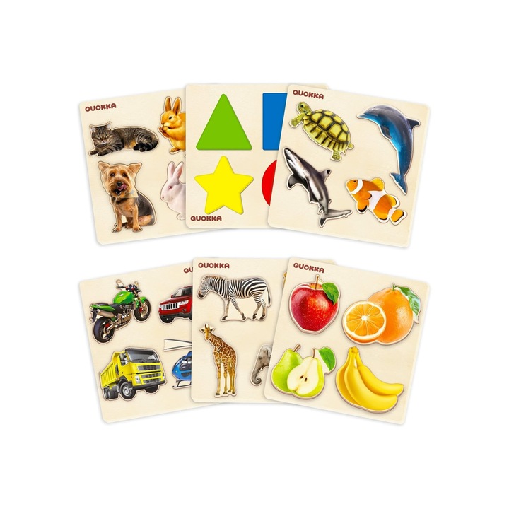 Set Puzzle educativ incastru Montessori cu forme, animale, mijloace de transport, fructe, multicolor, lemn
