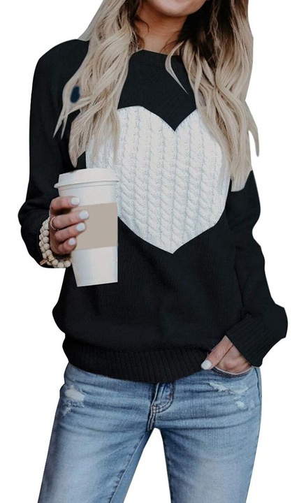 Jormftte női pulóver, kötött, szív mintás, fekete