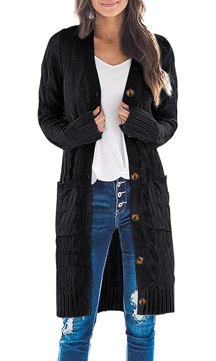 Női kötött kardigán, Jormftte, hosszú, gombos, fekete, kényelmes