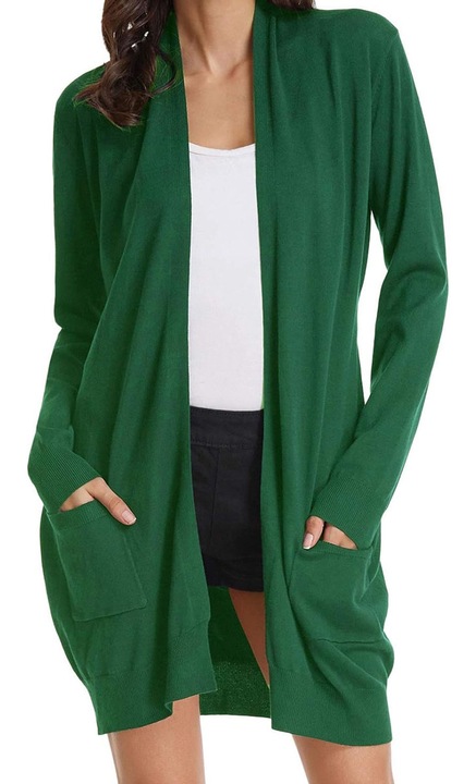 Női nyitott kardigán, Jormftte, hosszú, hosszú ujjú, 2 zsebbel, Sötétzöld