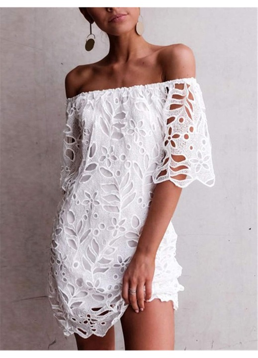 Miniruha, Jormftte, virágos csipke, nyitott vállú, fehér, poliészter-pamut, XL INTL