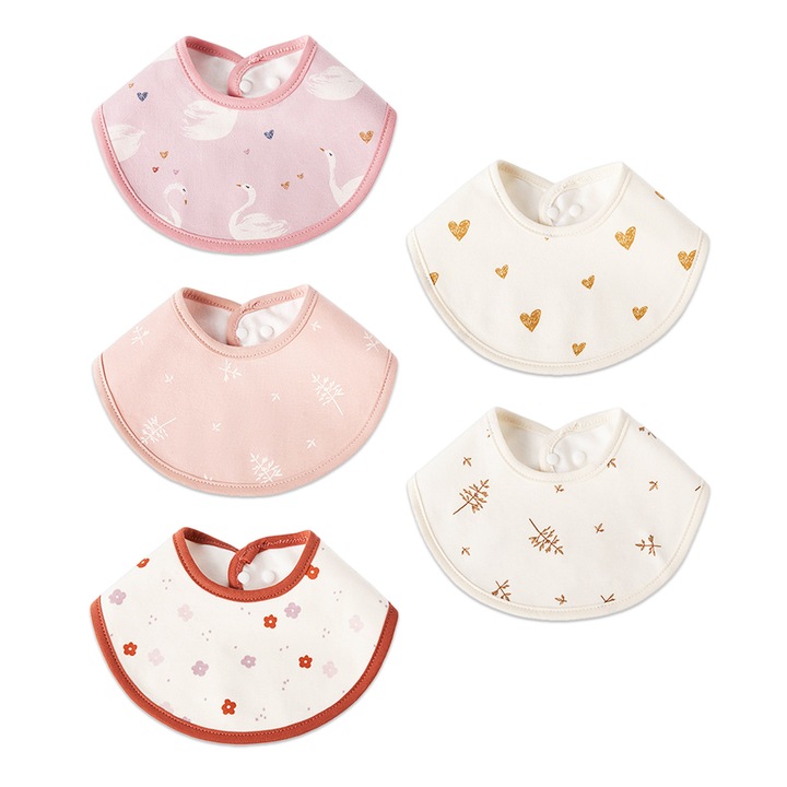Set 5 bavete bumbac pentru bebelusi, Fara fluorescenti, 0-12 luni, Roz