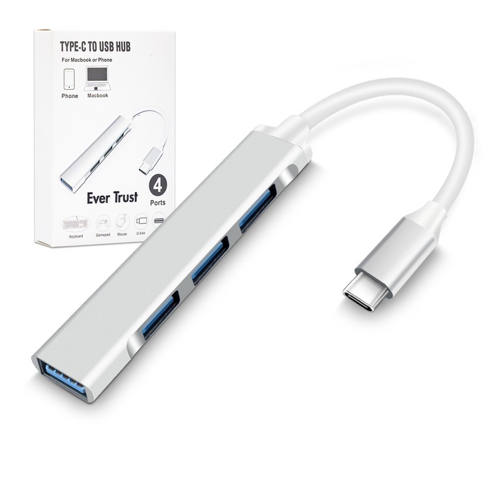 Адаптер HUB, докинг станция тип C 4 в 1, 4 x USB порта, алуминиева сплав, сребрист