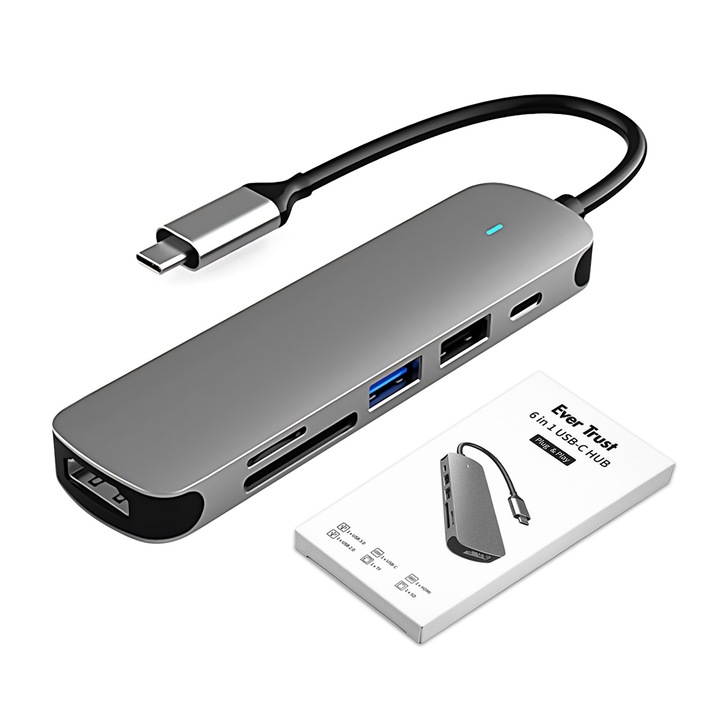 Адаптер HUB, 6in1 Type-C докинг станция, PD 60W порт за зареждане, 2 x USB порта, SD/TF четец на карти, HDMI 4K@30Hz, алуминиева сплав, сив