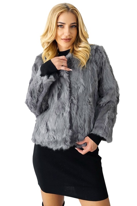 Blana naturala de iepure, Lea Bliss, cu maneca lunga, Gri, Marime universala S/M, FashionForYou