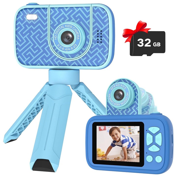 Gyerekkamera, XUNNING®, 32 GB-os SD kártya, Flip az objektív, 48 millió pixel, 2,4 hüvelykes IPS képernyő, Állvány, 8x zoom, 3 év+, kék