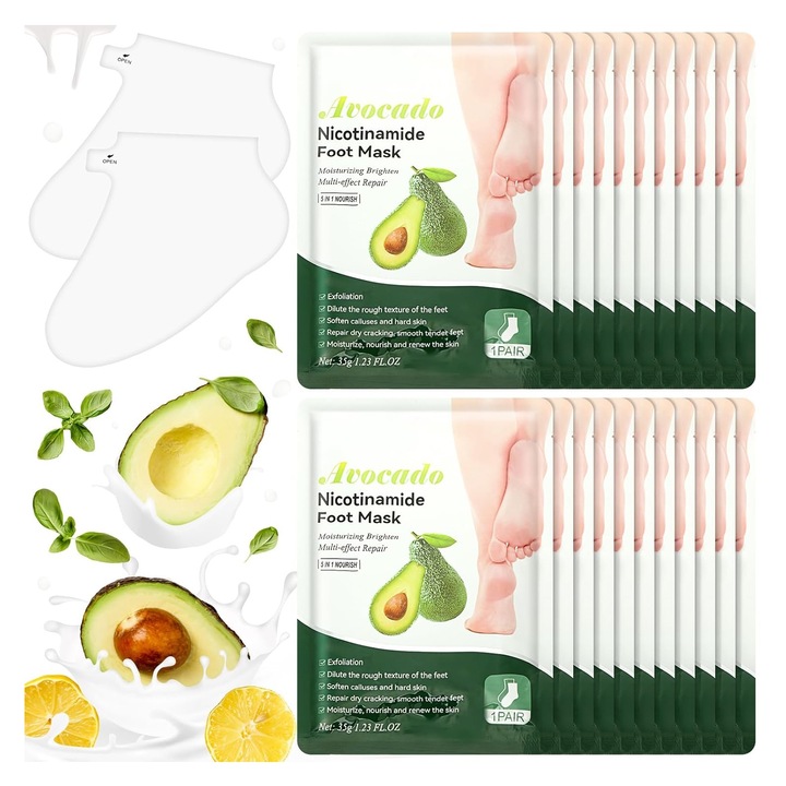 Sosete cu Masca Exfolianta pentru Picioare, SINBINTA, 5 Perechi, Elimina pielea moarta si hidrateaza, Ingredientele Naturale pentru Ingrijire Profunda a Picioarelor, Avocado