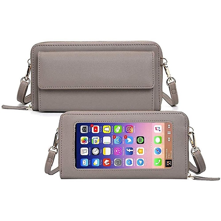 Jormftte keresztpántos telefontáska, nagy kapacitású, RFID védelem, fekete színű, méretei 21x3x11.5cm