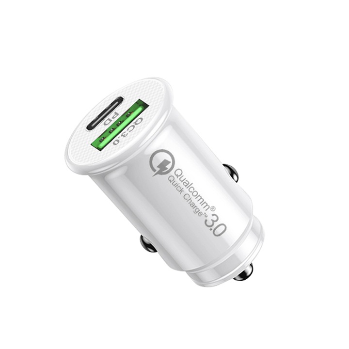 Dual USB autós töltő PD20W+QC3.0, 12-24VDC, 5V-3A, 9V-2.22A, 12V-1.67A, fehér
