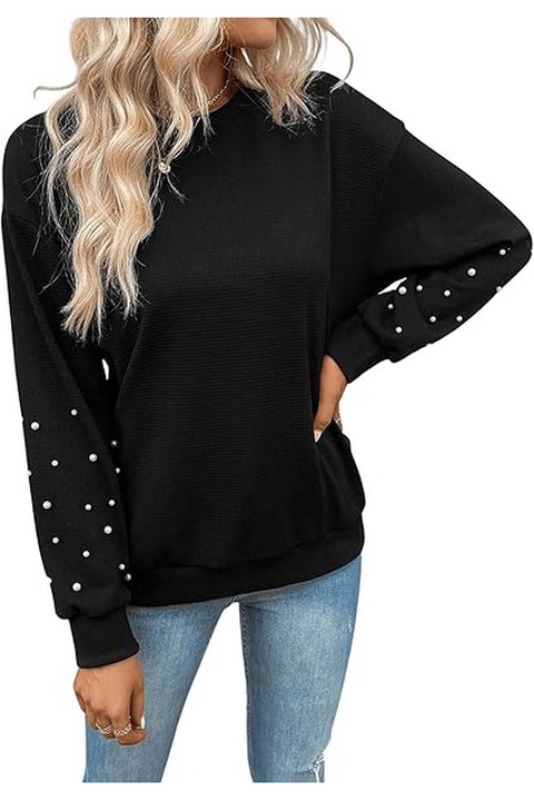 Bluza cu maneca lunga cu perle, negru, marimea L, GORGLITTER