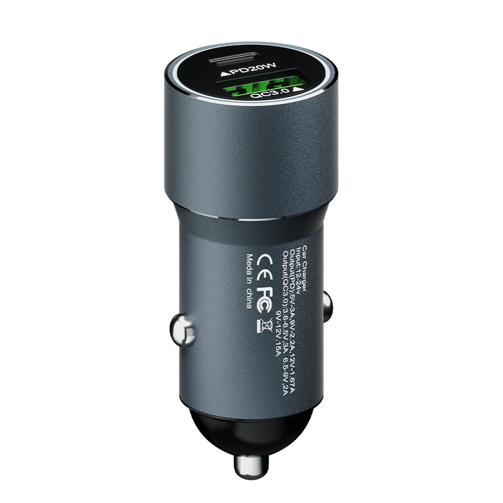 Fém autós töltő, USB-A QC3.0 + USB Type C PD, 20W, 38W, 12-24VDC