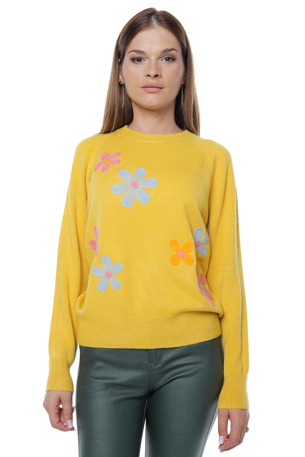Pulover dama, flori, cu casmir si lana, Galben Mustar, One Size