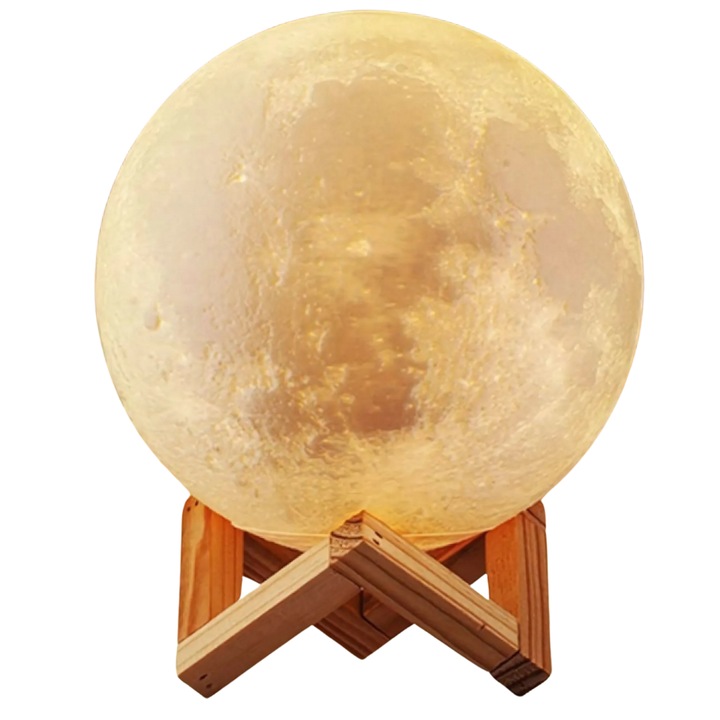 Lampa de veghe 3D Moon Light, fara acumulator, alimentare baterii, efect vizual magic, potrivita pentru orice camera, atmosfera relaxanta, plastic Premium, durabil, alb rece