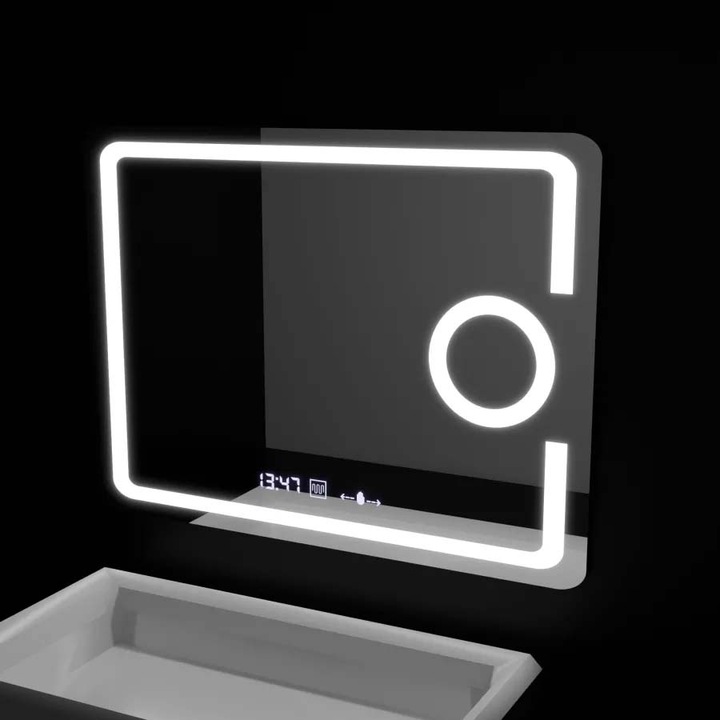 Oglinda Baie LED Dimmable Senzor Sistem Dezaburire Ceas Temperatura Lupa Cosmetica 80x60 cm