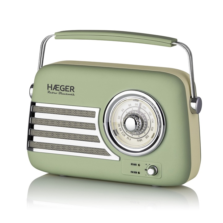 Radio Portabil Vintage, Haeger RB-GRE.001A, 5W, Acumulator Incorporat, AUX, Bluetooth, USB, Verde