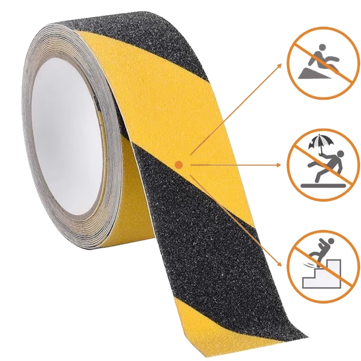 Banda Antiderapanta Adeziva Negru cu Galben CCmax pentru Scari si Trepte de Interior si Exterior, aplicare pe Metal, Lemn, Gresie, Ciment, 5cm x 5m
