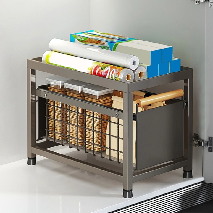 Organizator Versatyx® 2 Sertare, 1 Sertar glisant, Cadru de otel inoxidabil, Raft organizator cu margini anti cadere, Pentru blat si masca chiuveta, Bucatarie, Dulap, Baie, Negru