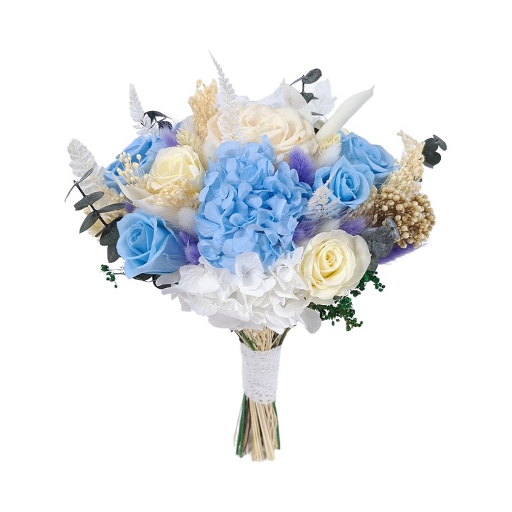 Buchet cu trandafiri naturali criogenati, hortensie criogenata si plante uscate/criogenate, albastru