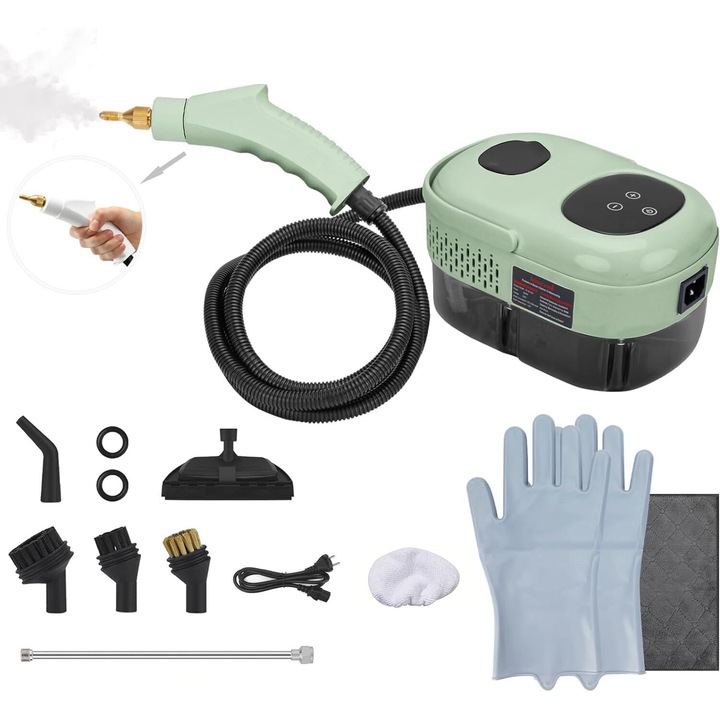 Aparat de Curatat cu Abur, LittleDomi, 2500W, 3Bar, Rezervor 1.1l, Incalzire Rapida 15s, 6 Trepte, Ecran Tactil, 8 Accesorii, Igienizare, Degresare, Spalare Multisuprafete, Bucatarie, Baie, Climatizare, Electrocasnice, Masina, Jucarii, Geamuri, Verde