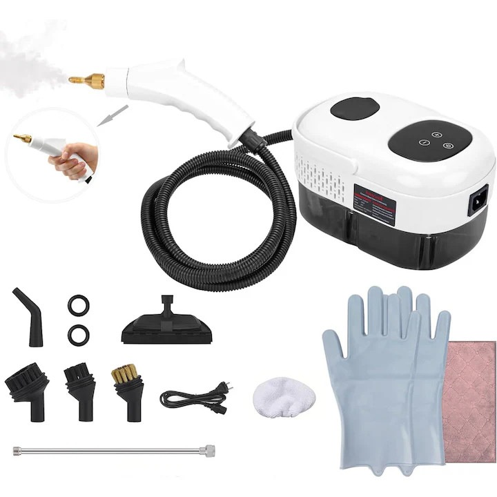 Aparat de Curatat cu Abur, LittleDomi, 2500W, 3Bar, Rezervor 1.1l, Incalzire Rapida 15s, 6 Trepte, Ecran Tactil, 8 Accesorii, pentru Igienizare, Degresare, Spalare Multisuprafete, Bucatarie, Baie, Climatizare, Electrocasnice, Masina, Jucarii, Geamuri, Alb