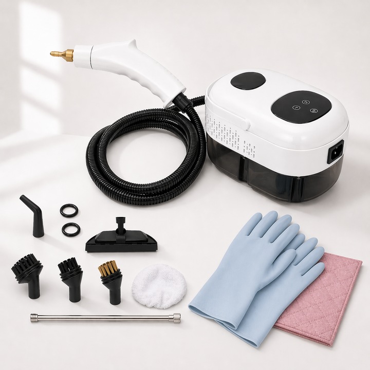 Aparat de Curatat cu Abur, LittleDomi, 2500W, 3Bar, Rezervor 1.1l, Incalzire Rapida 15s, 6 Trepte, Ecran Tactil, 8 Accesorii, pentru Igienizare, Degresare, Spalare Multisuprafete, Bucatarie, Baie, Climatizare, Electrocasnice, Masina, Jucarii, Geamuri, Alb