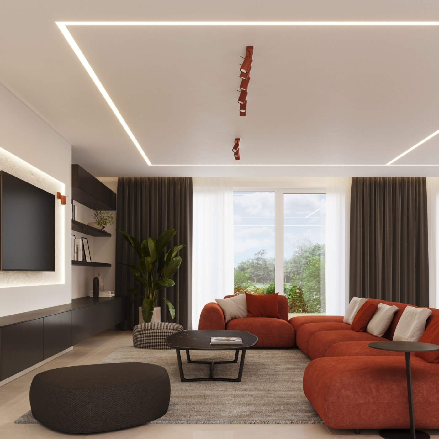 Lampa de tavan Ring ocru rosu otel 6 bec tub modern de interior