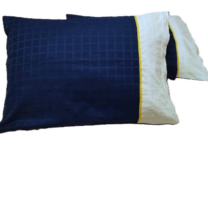 Set 2 x Fata de perna 50 cm x 70 cm, Casa Bucuriei, albastru/alb, Damasc, doua fete