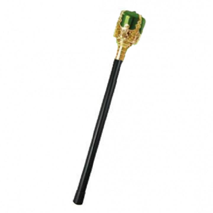 Sceptru, rege/print, auriu cu verde, bat negru, din plastic, 44 cm