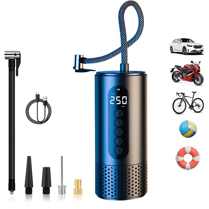 Compresor auto portabil, Afisaj digital LED, Wireless, accesorii auto, Potrivit pentru masini, biciclete, mingi, inel de inot, ABS, 80W, 12V, Negru